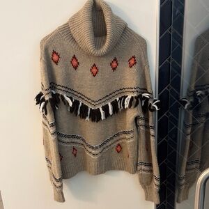 LOFT Tan Turtleneck Sweater with Red Accents